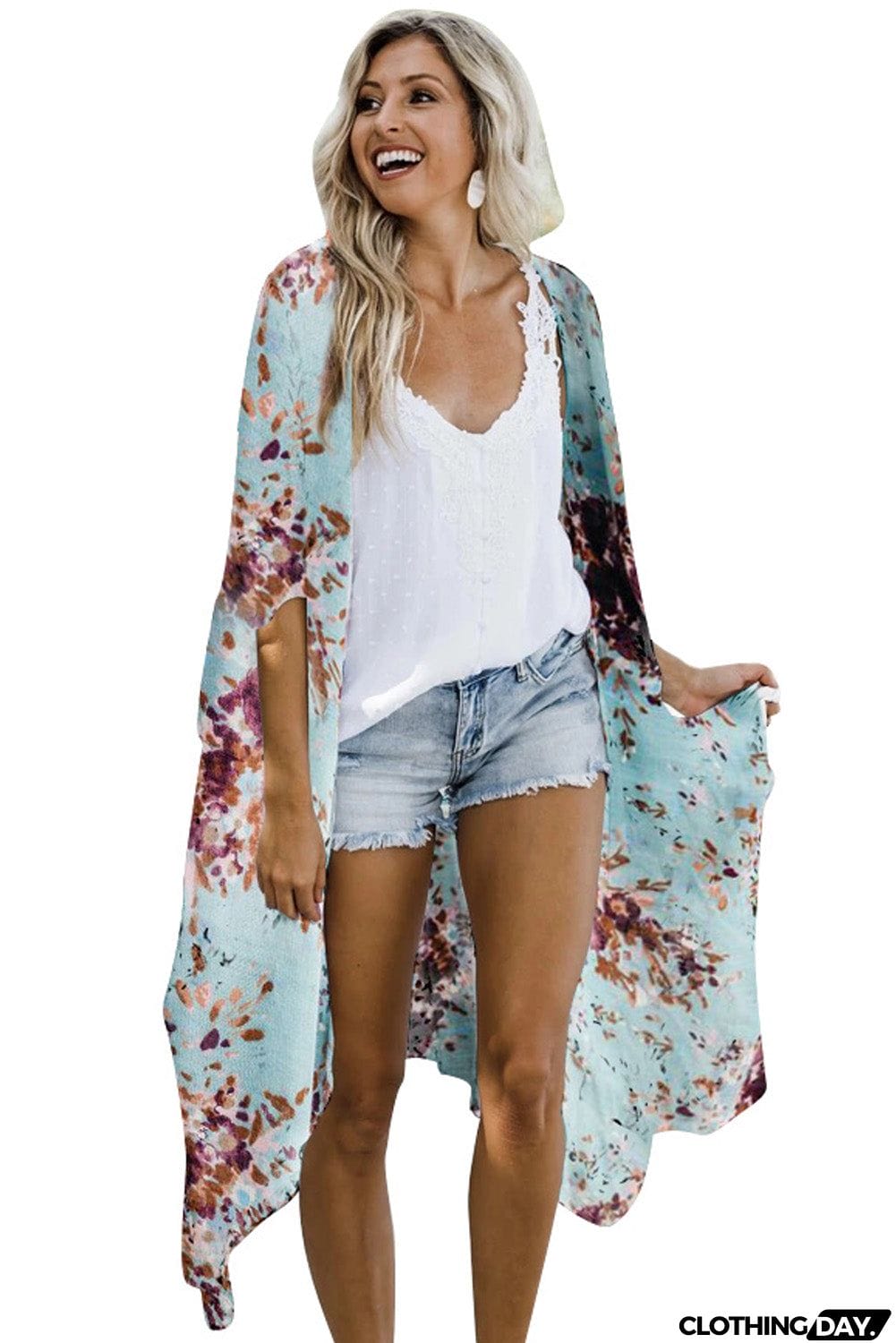 Floral Kimono Sleeves Chiffon Loose Beach Cover Up
