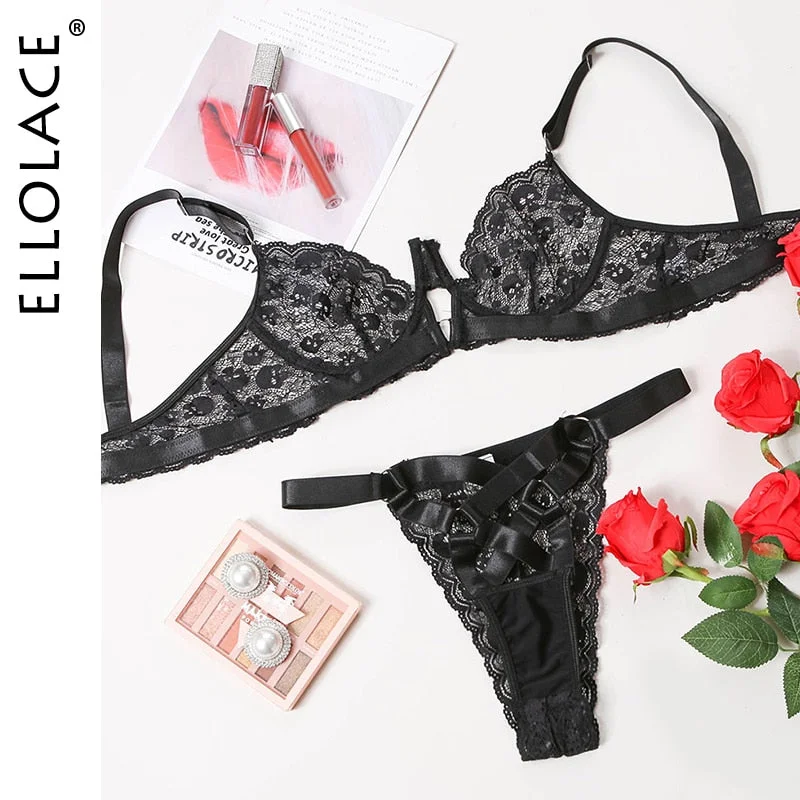 Ellolace Sensual Lingerie Hollow Out Erotic Brief Half Cup Bra Red Underwear Set Woman 2 Pieces Lace Seamless Sexy Langerie