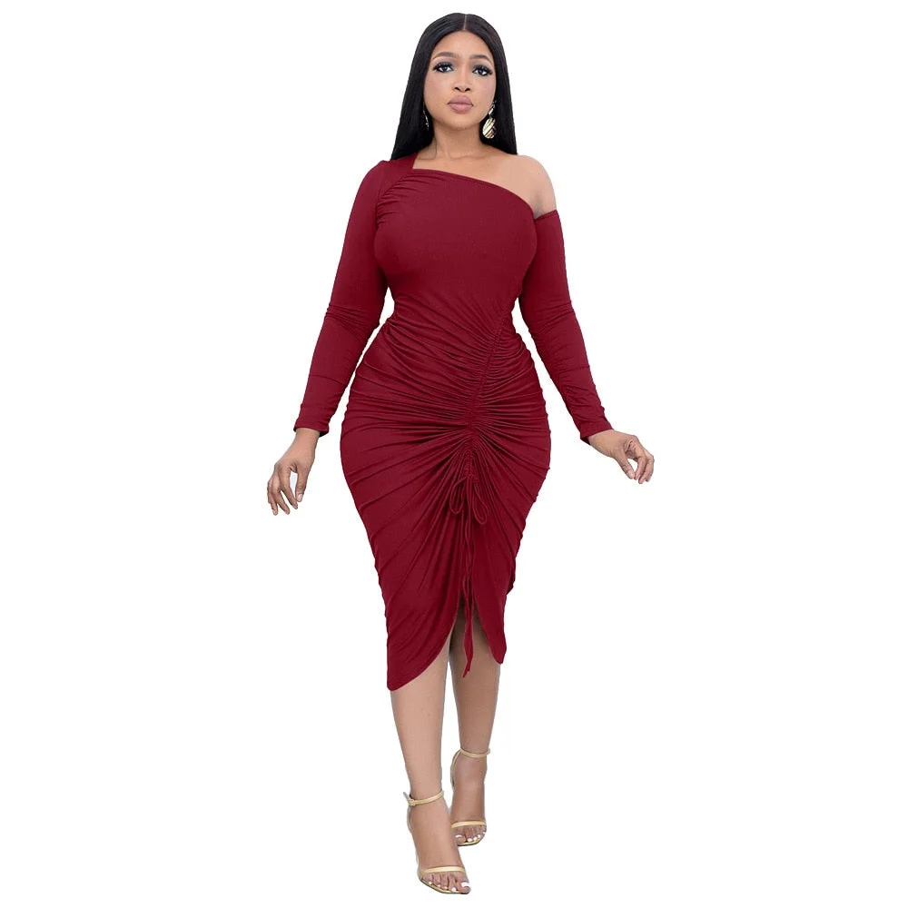 CM.YAYA Women Midi Dress Solid Shirring Splited Pencil Vestidos for Ladies Fashion Party Vestidos Elegance Dresses Autumn 2021