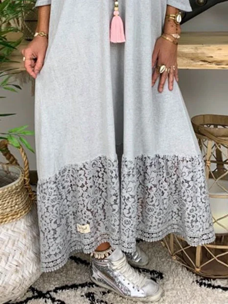 Women's 3/4 Sleeve V-neck Lace Solid Color Maxi Dress