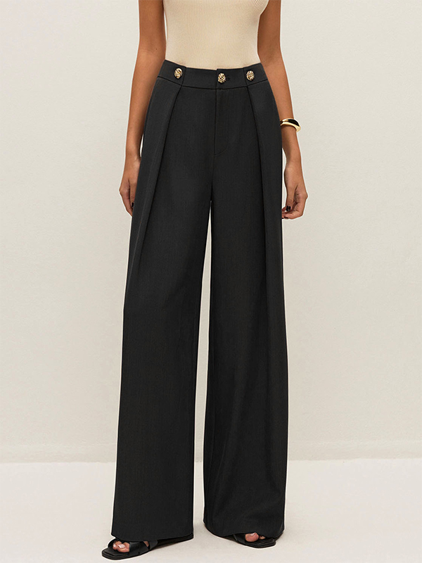 Gold Button High Waist Pleated Detail Wide Leg Pants