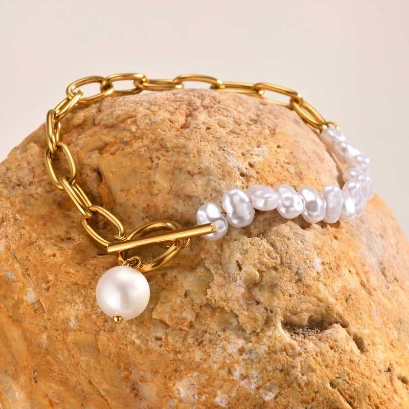 Vintage Style Minimalist Pearl 201 Stainless Steel Imitation Pearl Paperclip Chain Bracelets In Bulk