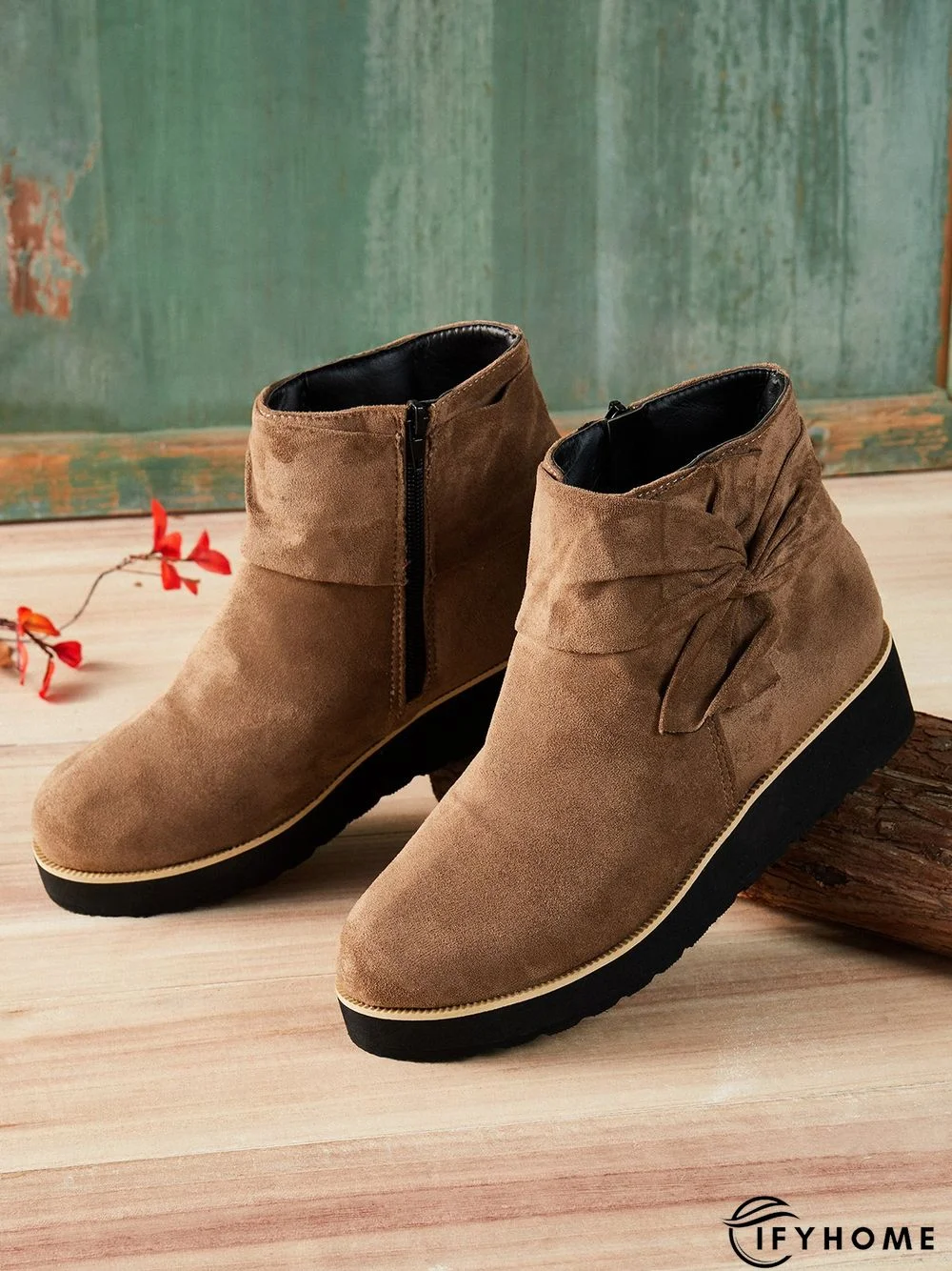 Comfortable Soft Leather Bow Round Toe Low Heel Booties | IFYHOME