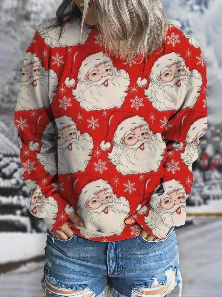  Women's Santa Claus Printed Long Sleeved Round Neck Sweatshirt