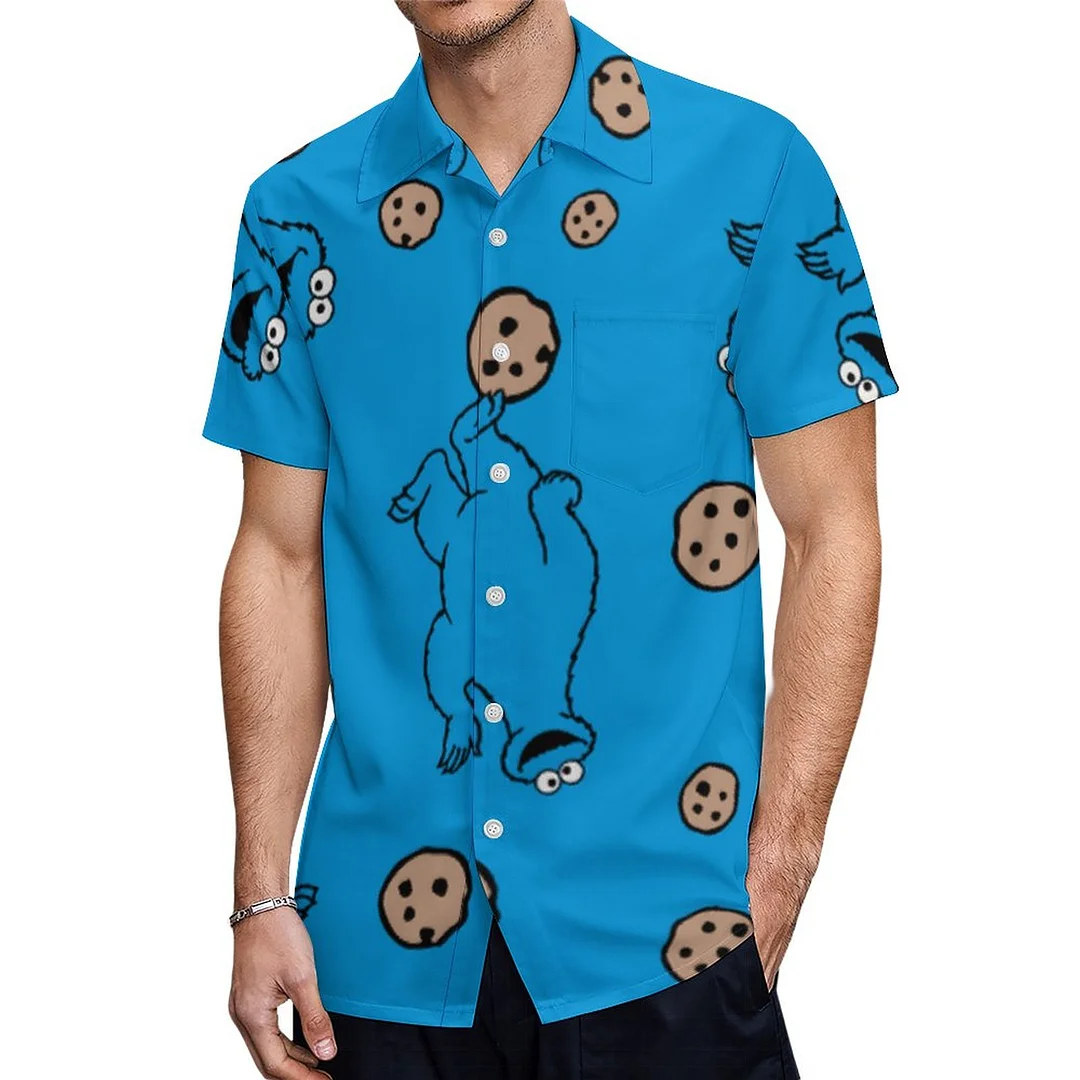 Red Blue Cookie Monster Elmo Cookies Emoji Hawaiian Shirt Mens Button Down Plus Size Tropical Hawaii Beach Shirts
