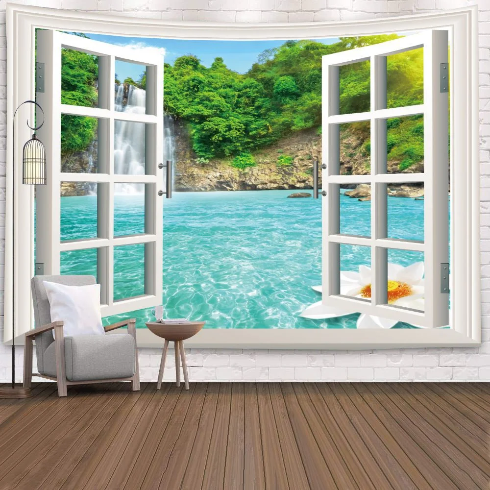 Window Tapestry View Green Plant 3D Sea Flowers Wall Hanging Carpet Blanket Bedspread Yoga Towel Home Beach Wall Decor Dropship