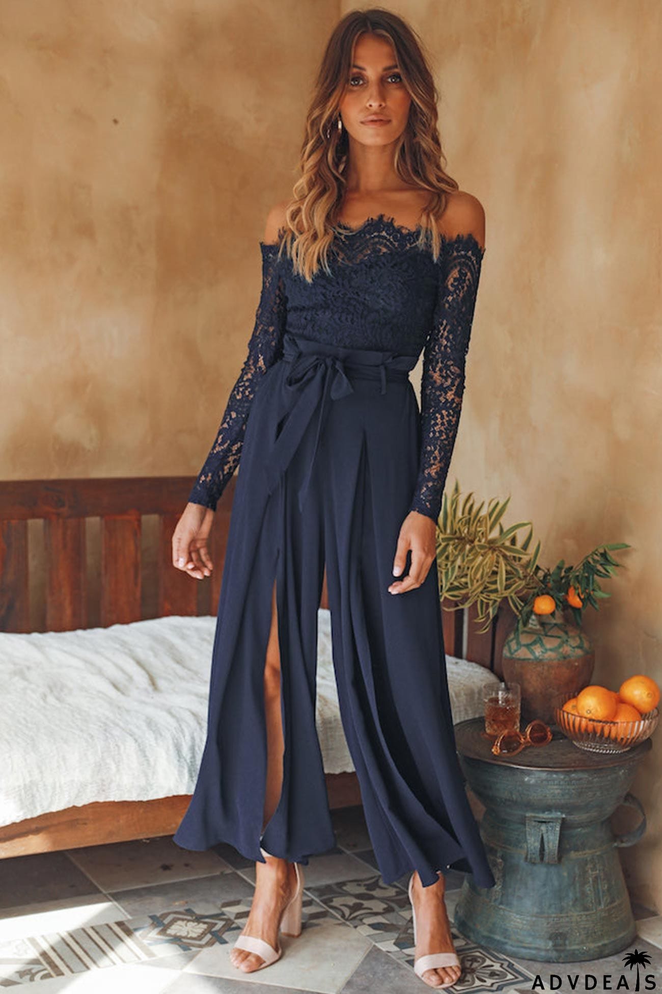 Off Shoulder Lace Patchwork Split Jumpsuits