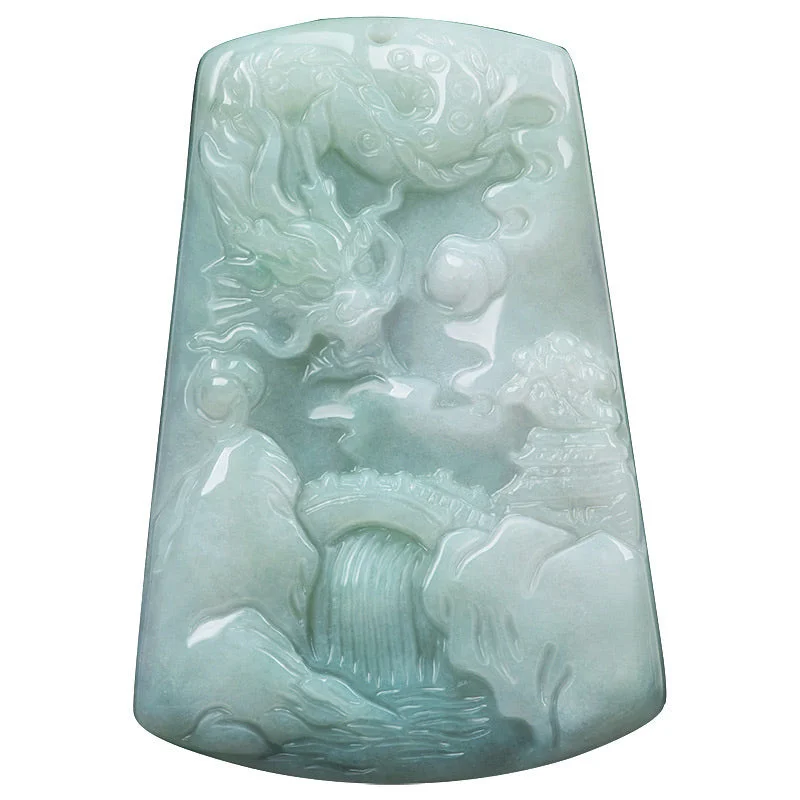 Chinese Zodiac Dragon Jade Mountain River Luck Necklace String Pendant