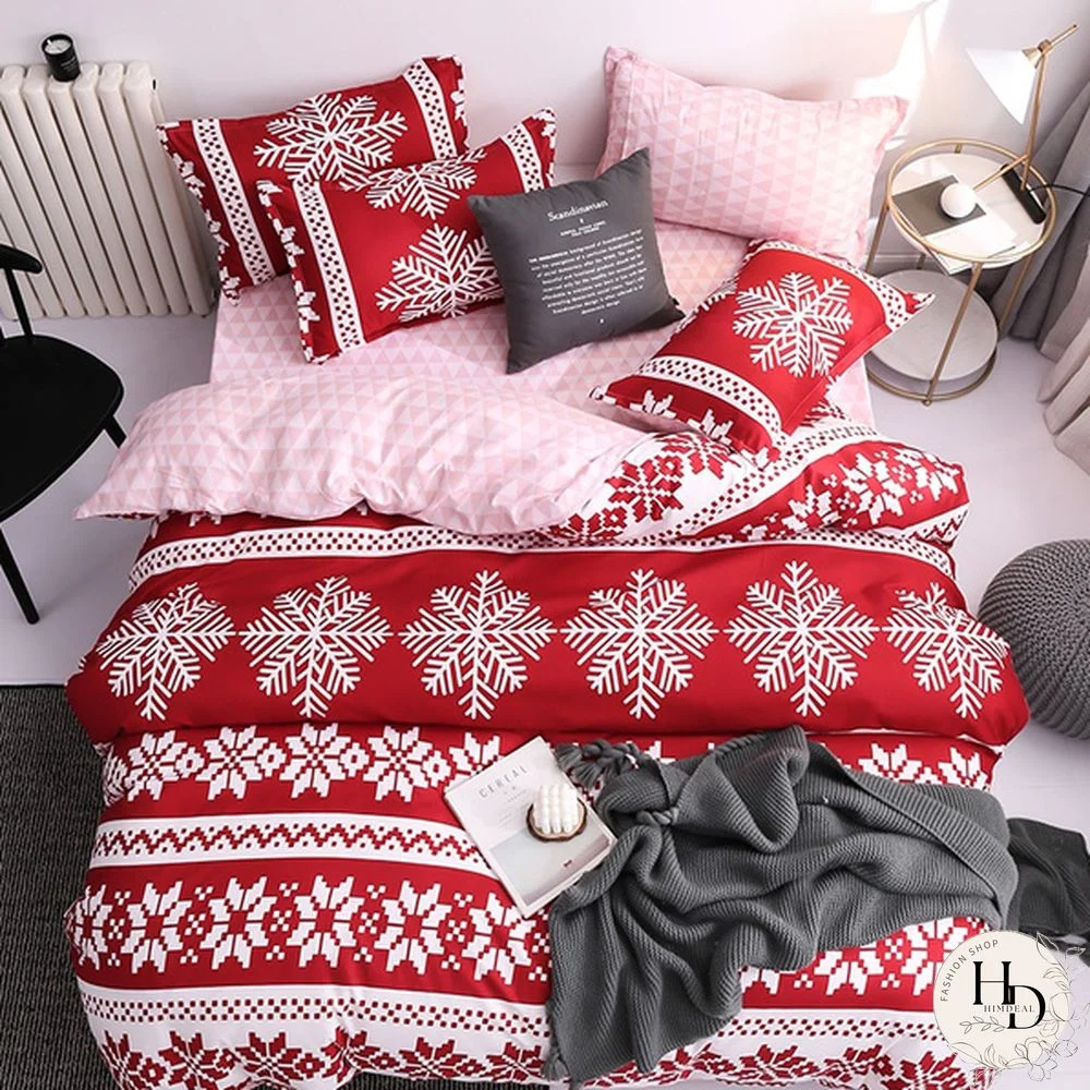 New Red Luxury Christmas Snowflake Print Cotton Duvet Cover Sets Bedding Queen Christmas Decor Bedding King Size Home Decor