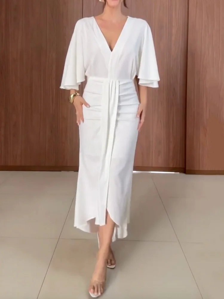 White Color Ruffled Half Sleeves Pleated Elegant Chiffon Midi Dresses