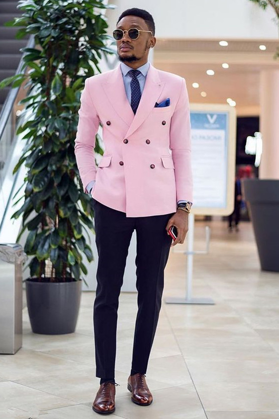 Dresseswow Simple Double Breasted Pink Peaked Lapel Prom Suit For Guys