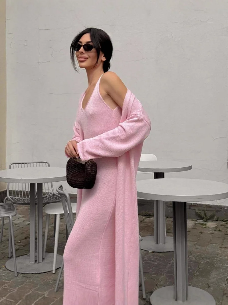 Athvotar Athvotar Hot Cotton Knitted Hollow Vest Long Dress + Long Sleeve Open Shirt Set Women's Soft Knitted Shirt