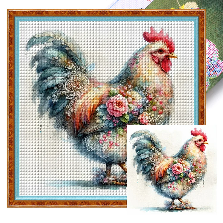 Flower And Grass Rooster (40*40cm) 14CT Stamped Cross Stitch gbfke