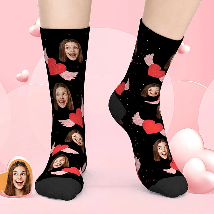 Custom Face Socks Heart With Wing Socks