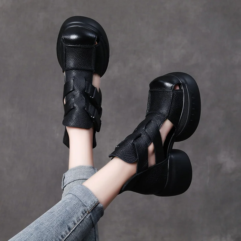 Yyvonne Thick-Soled Sandals Women's Head Cow Skin Retro Art Big Head Slope And Cool Slippers Tide Hollow Loose Cake Shoes