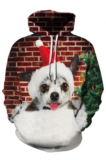 Cute Puppy Print Christmas Hoodie Dark Red-elleschic
