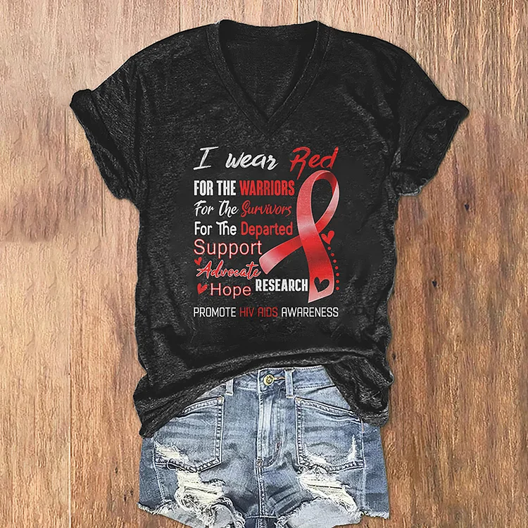 Wearshes HIV AIDS AWARENESS Printed V Neck Short Sleeve Casual T-Shirt