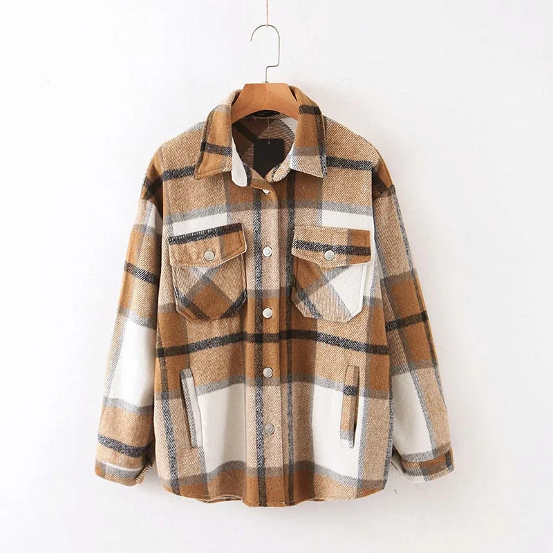 Fitshinling Vintage Checker Blouse Shirt Women Pockets Long Sleeve Tops 2021 High Quality Plaid Oversized BF Shirts Female Sale