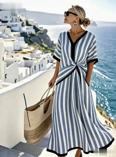 Women'S Casual Color-Block Striped Dress 