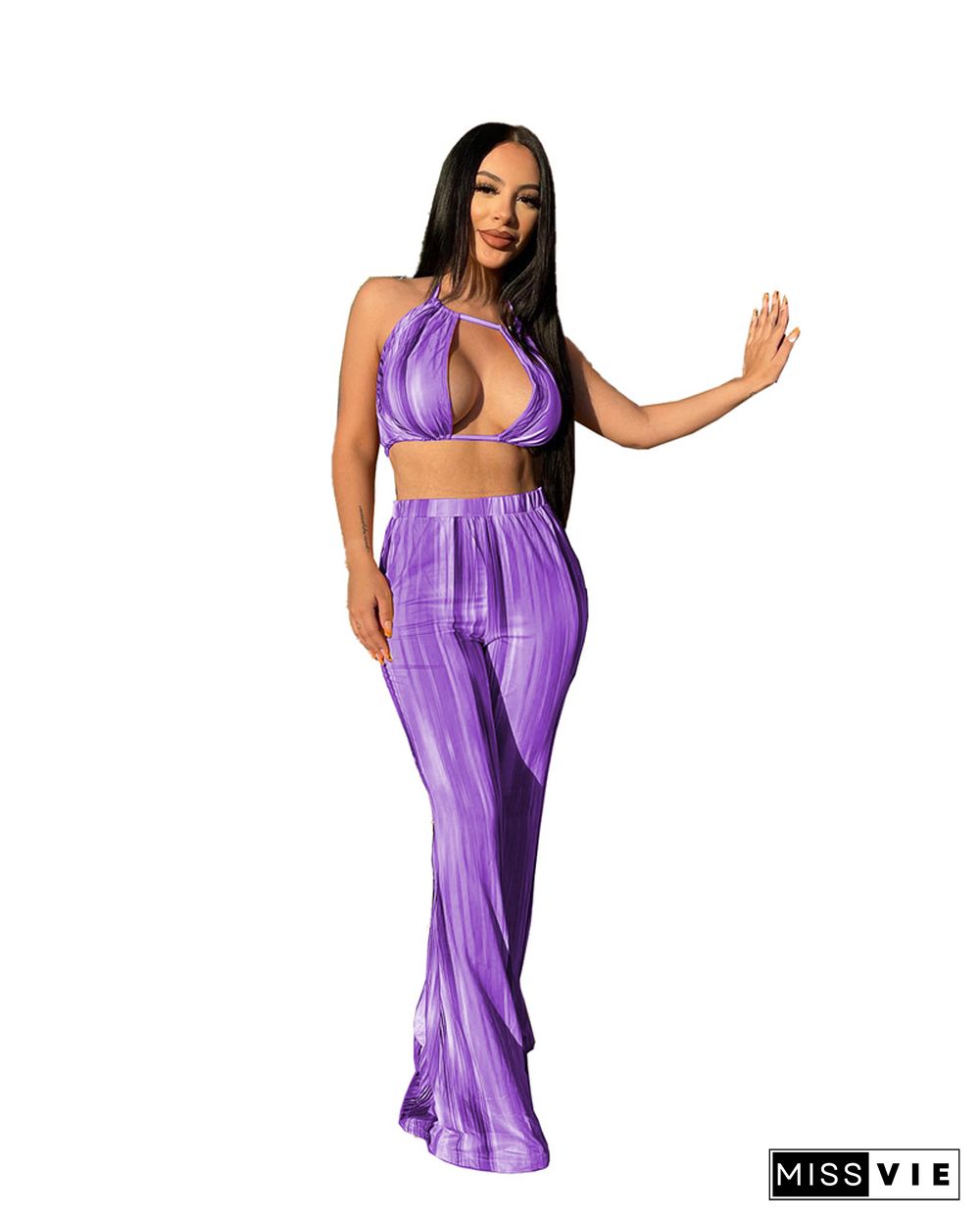 Tie Dye Halter Crop Top and Flared Pants Matching Suit