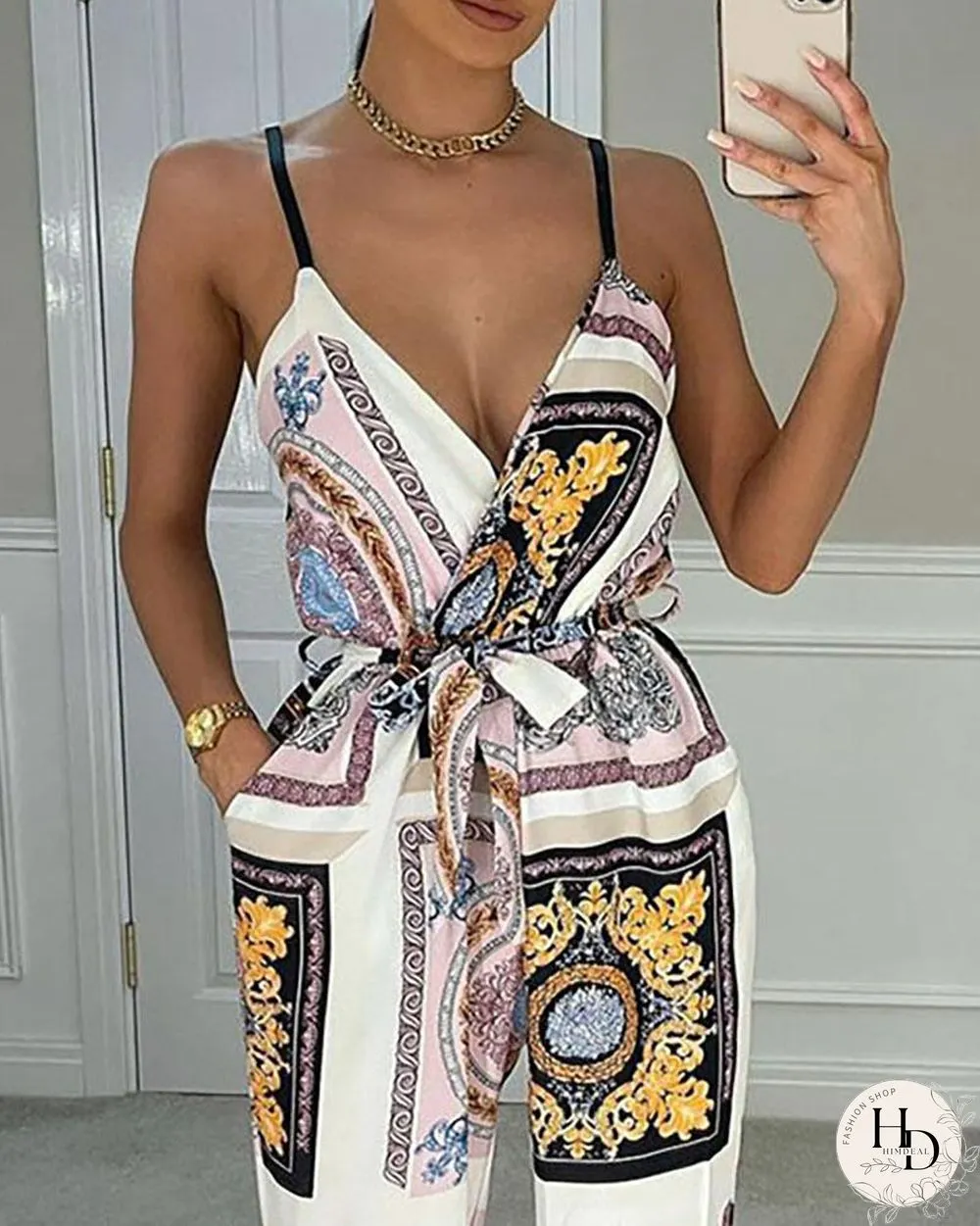 Scarf Print Pocket Design Jumpsuit