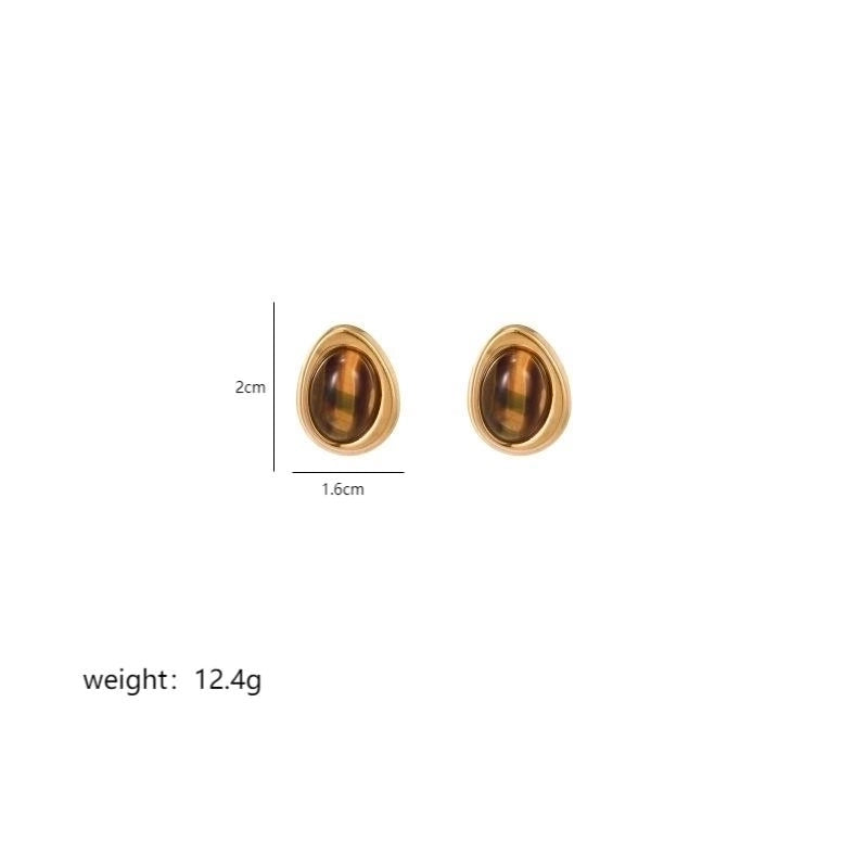 1 Pair Classical Artistic Oval Plating Inlay Stainless Steel Natural Stone 18K Gold Plated Ear Studs