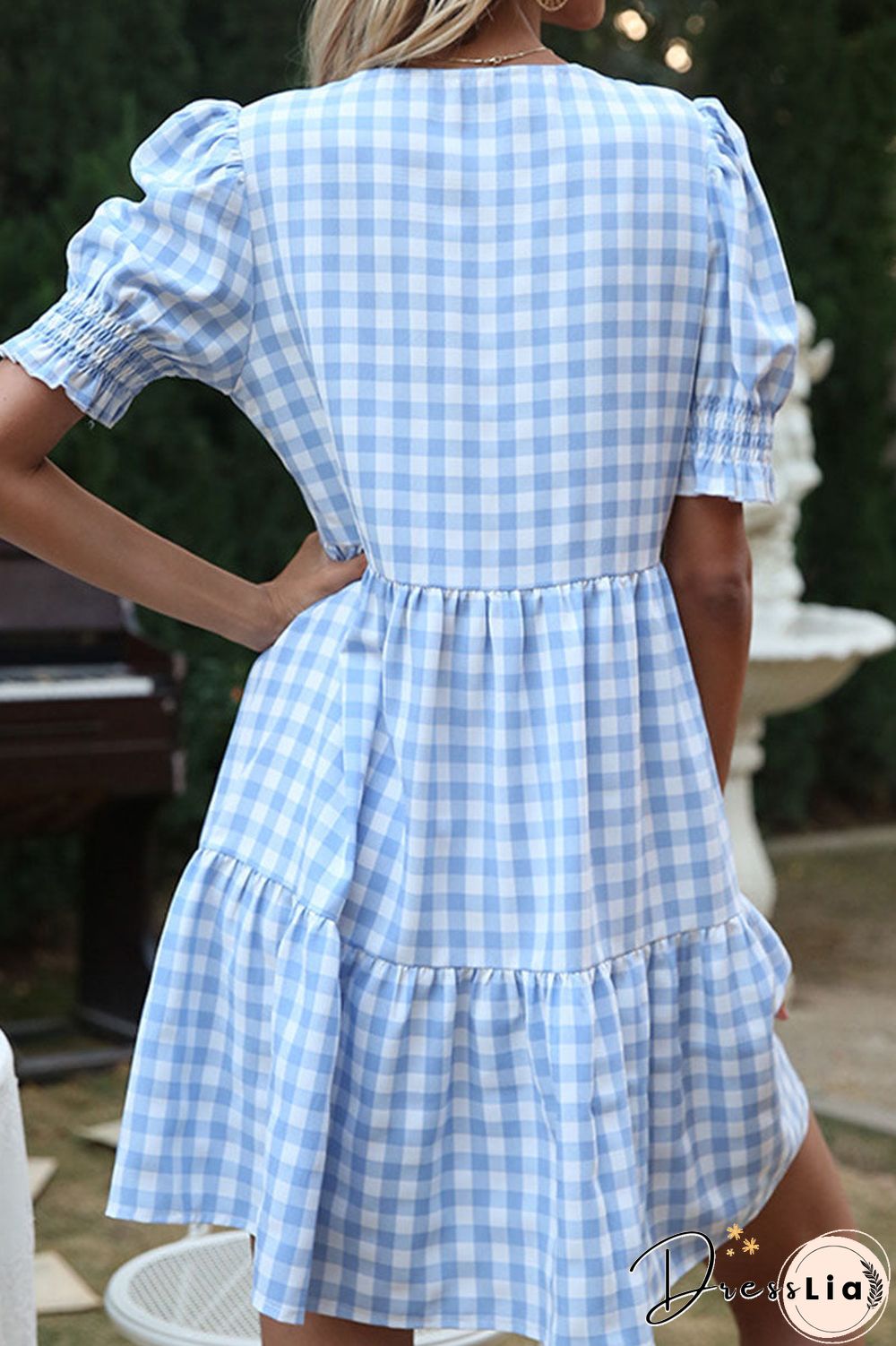 Fashion Sweet Plaid Split Joint V Neck A Line Dresses