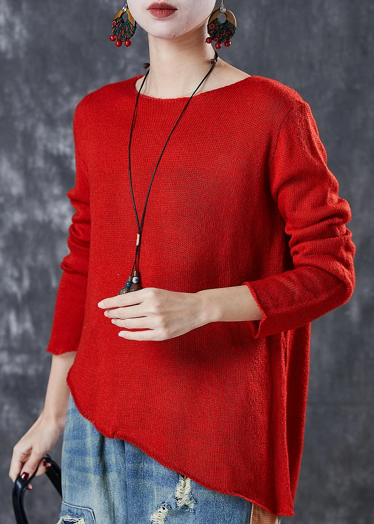 Red Loose Knit Sweaters Asymmetrical Design Spring