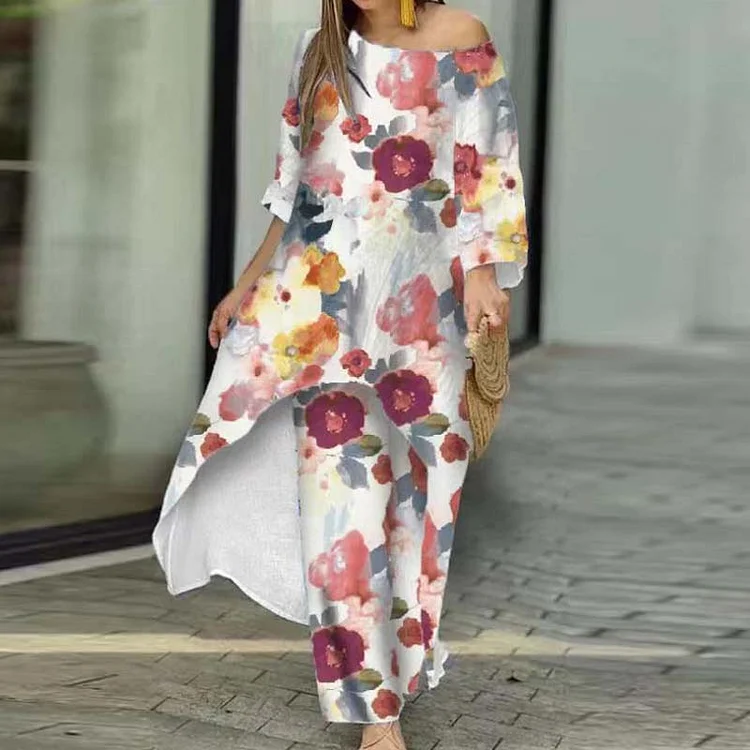 Floral Print Crew Neck Dress Pants Two-Piece Set