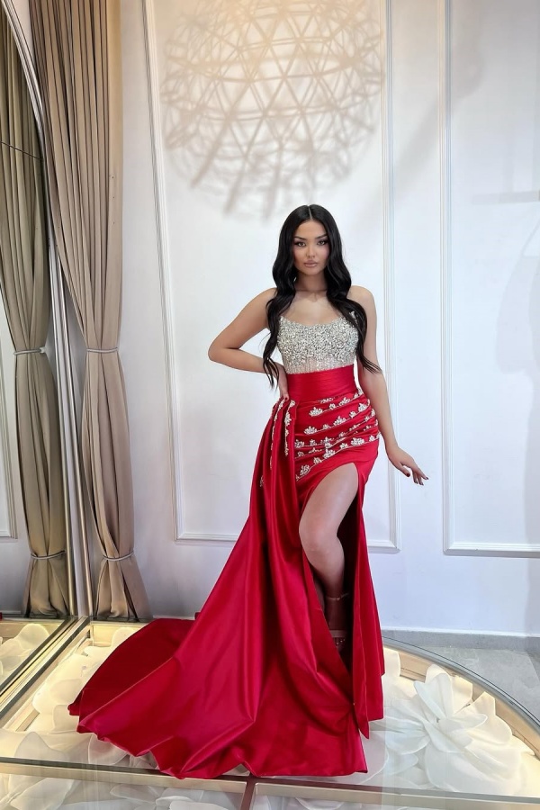 Gorgeous Red Rhinestone Evening Dress With Detachable Train | ZT0415