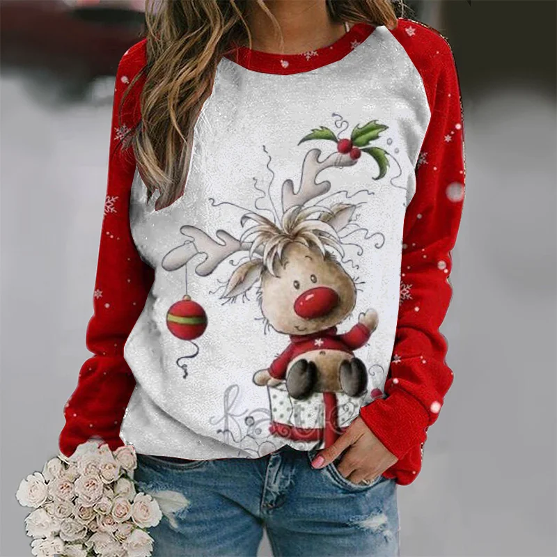 Christmas Elk Printed Women's Crew Neck Sweatshirt