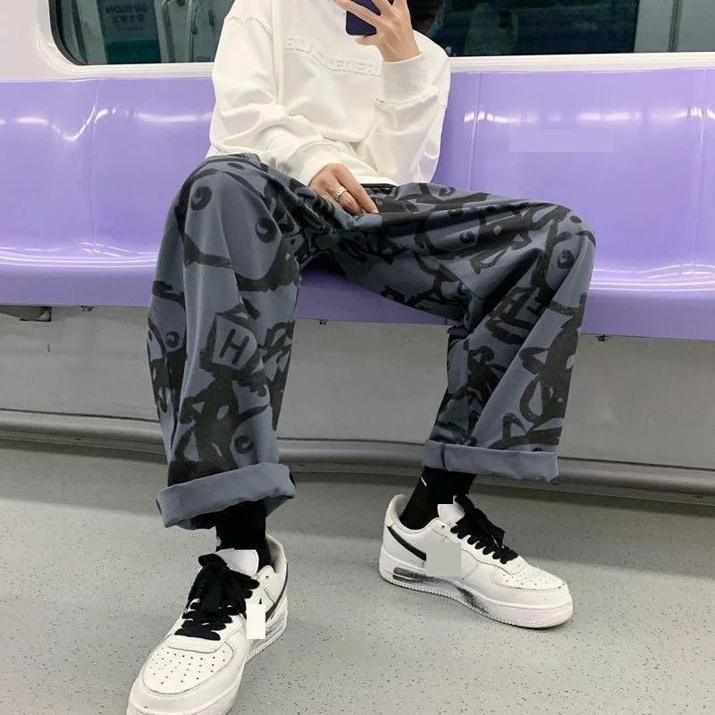 Sonicelife Early Autumn New Street Pants Female  Hong Kong Style High Street Graffiti Retro Casual Pants Loose Straight Tube Floor Towers
