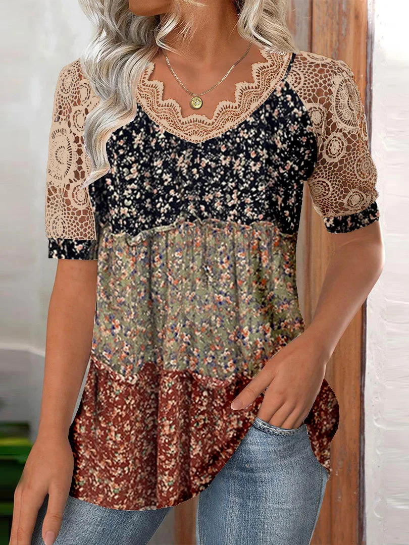 (PRE ORDER)Women Short Sleeve V-neck Floral Printed Graphic Lace Tops