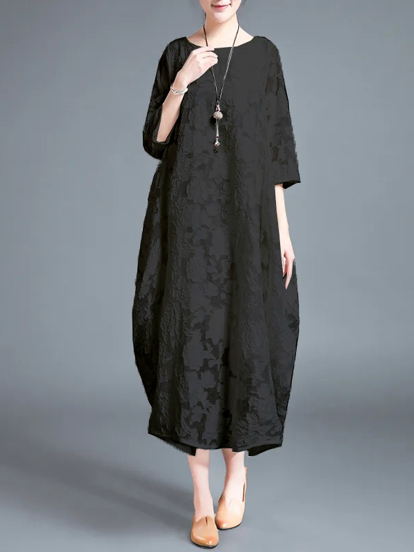 Jacquard Round Neck Short Sleeve Midi Dress