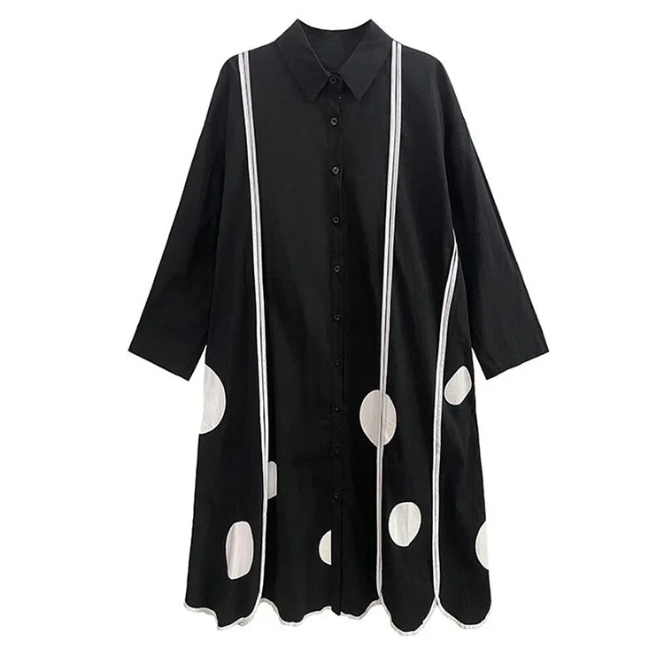 Stylish Lapel Long Sleeve Dot Printed Irregular Hem Dress  