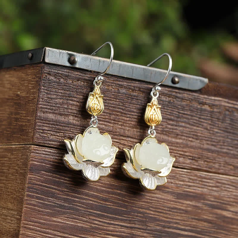 White Jade Lotus Harmony Protection Drop Earrings