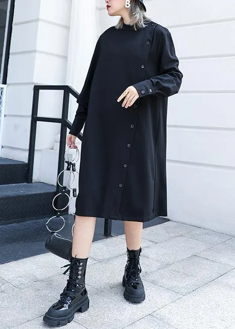 black Cotton tunic top stand collar Button cotton fall Dress