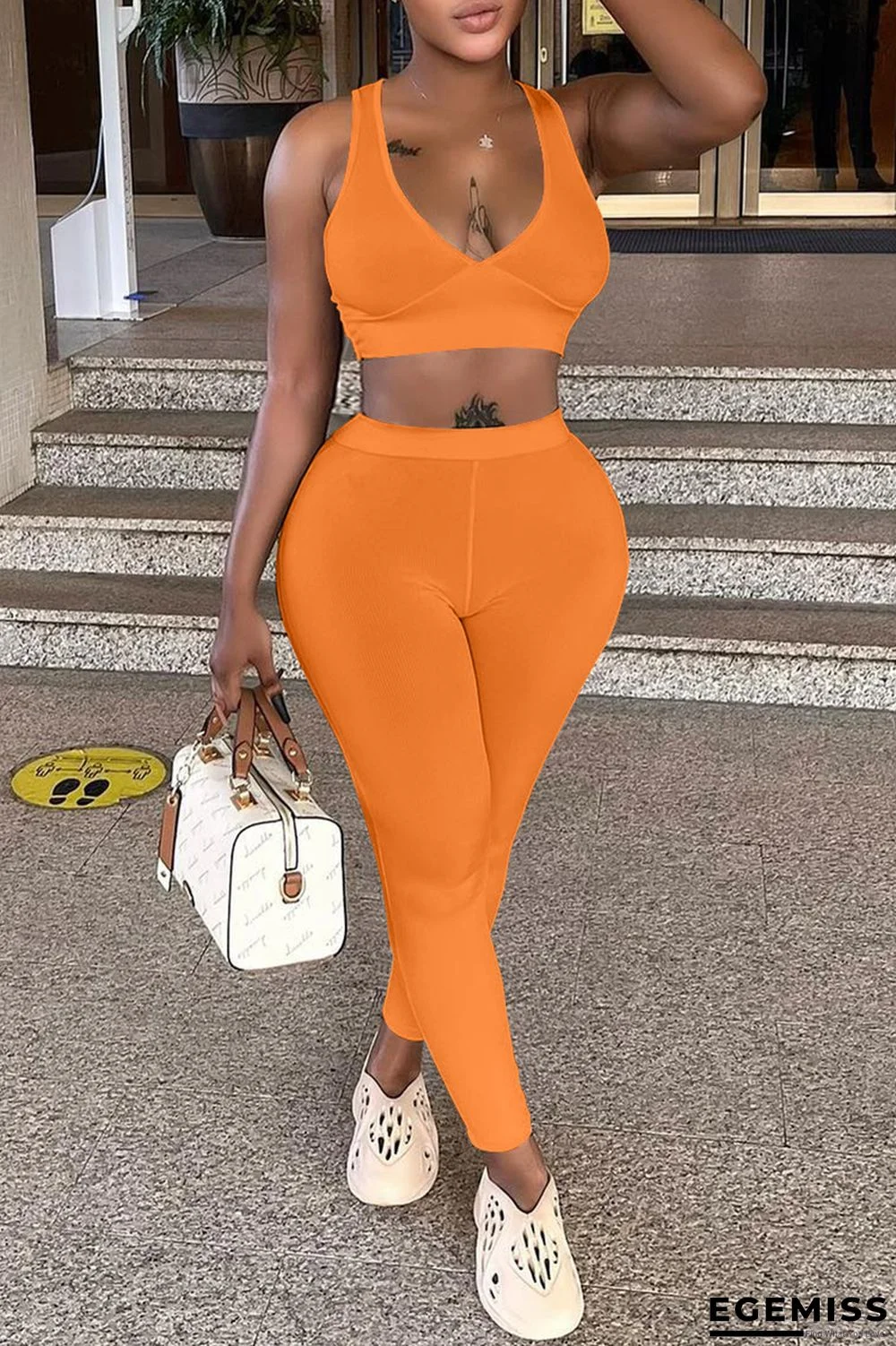 Orange Sexy Casual Sportswear Solid Vests Pants V Neck Sleeveless Two Pieces | EGEMISS