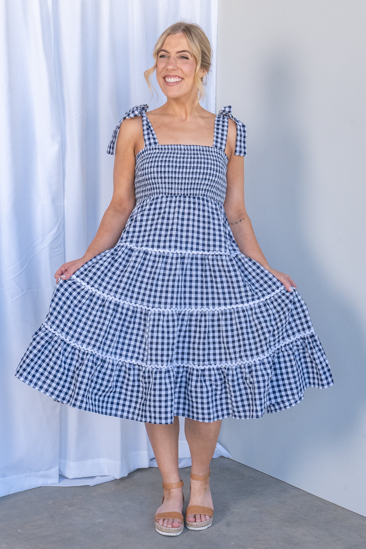 Thelma Gingham Dress in Navy