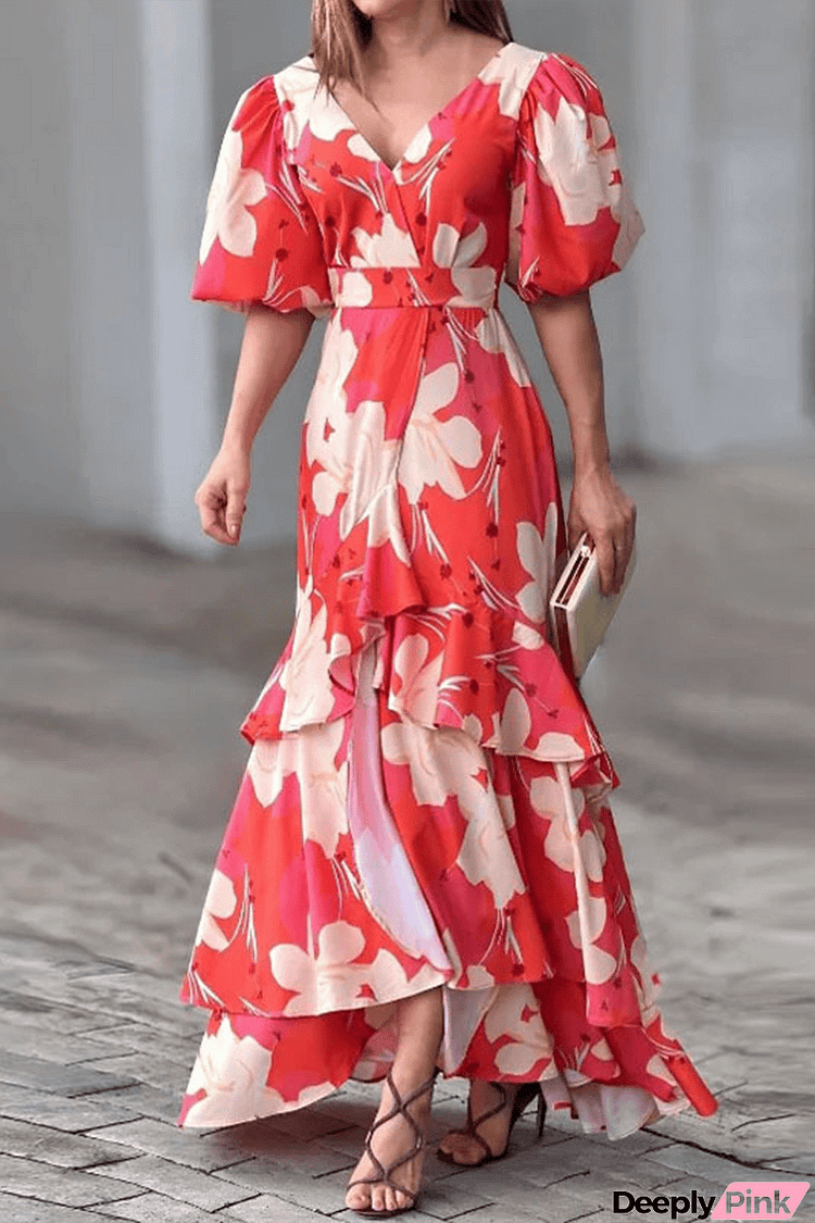 Elegant Floral Patchwork V Neck Printed Dress Dresses