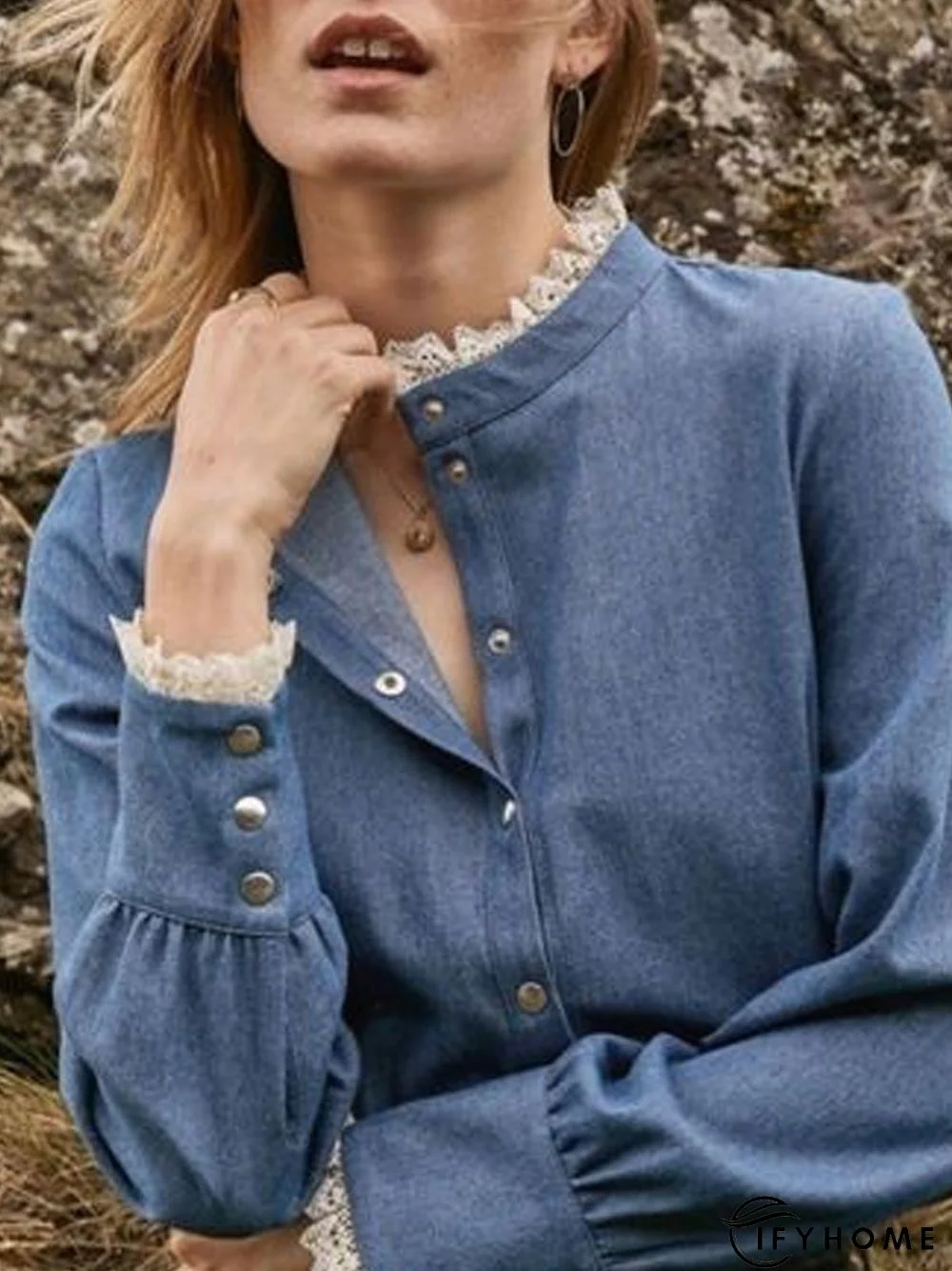 Turtleneck Casual Paneled Denim Blouse | IFYHOME