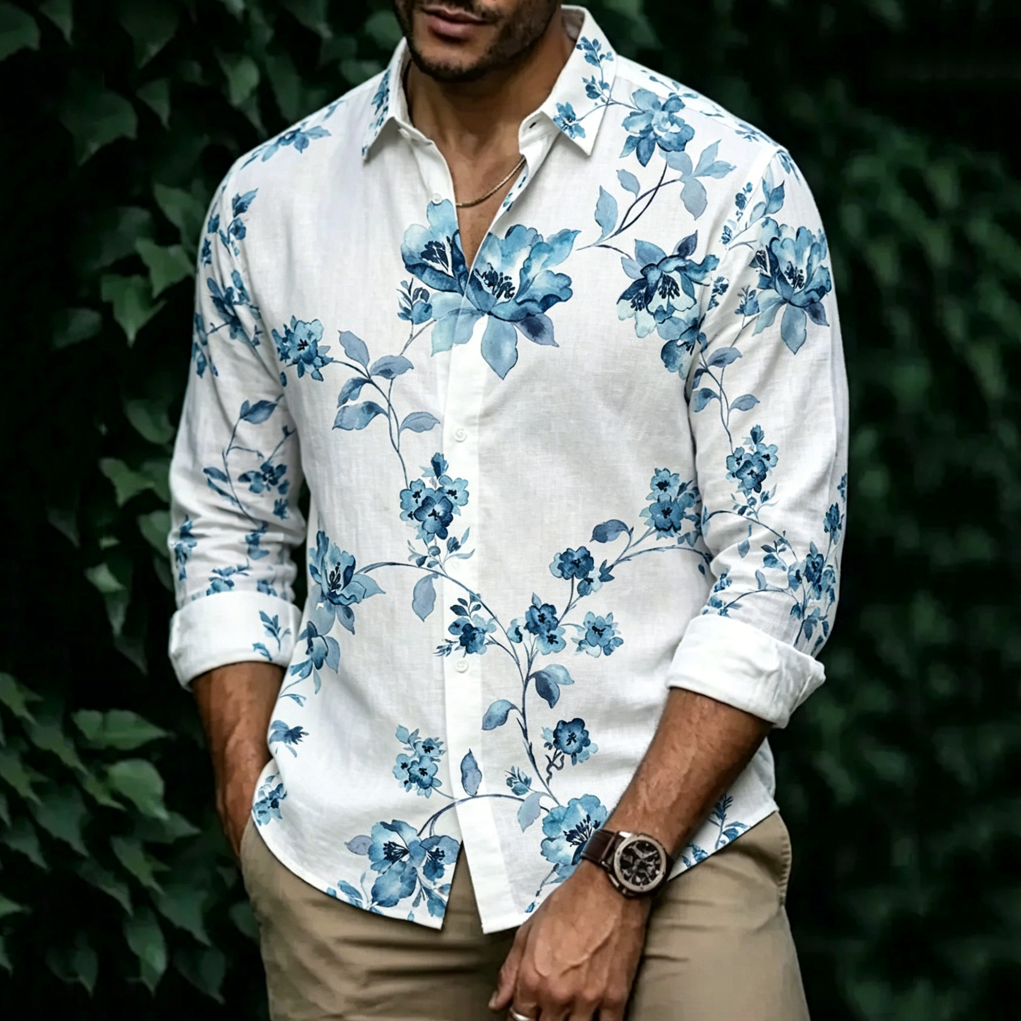 Comstylish Men's Vintage Floral Art Print Linen Blend Casual Shirt