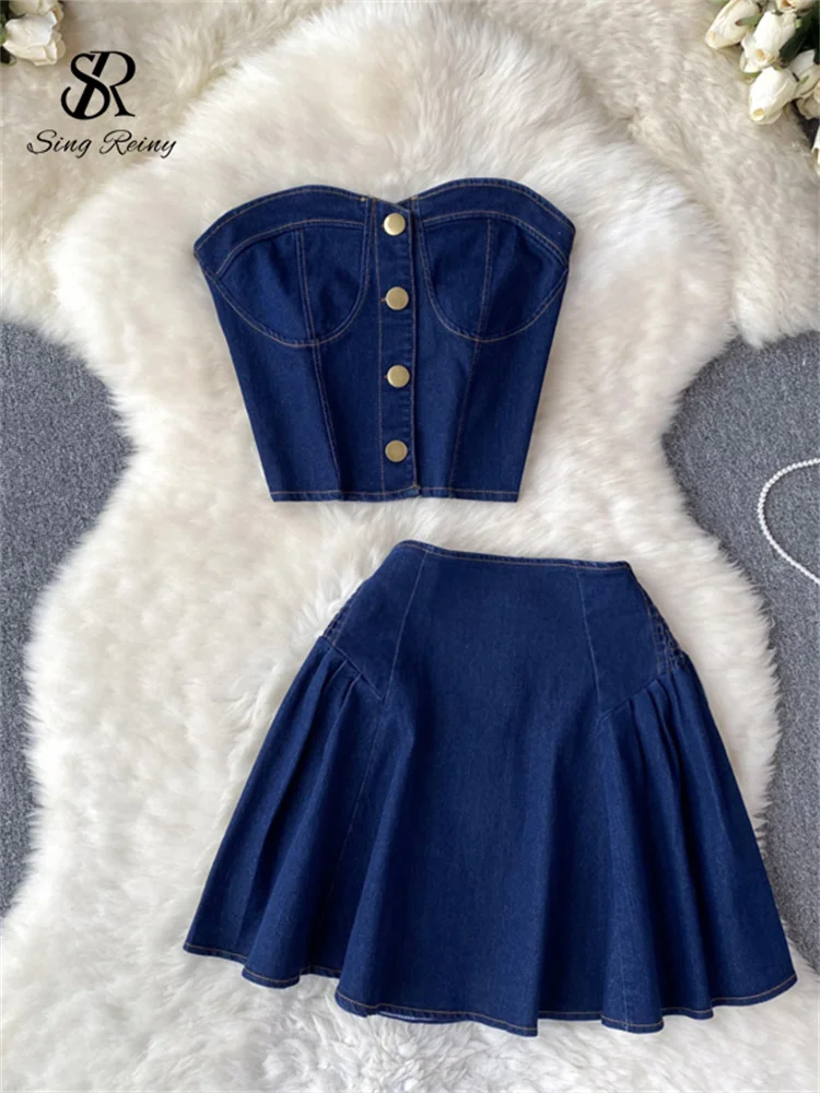 Huibahe Summer Fashion Denim Two Pieces Suits Strapless Sexy Top+ Short A Line Skirt Streetwear Hotsweet Vintage Beach Sets