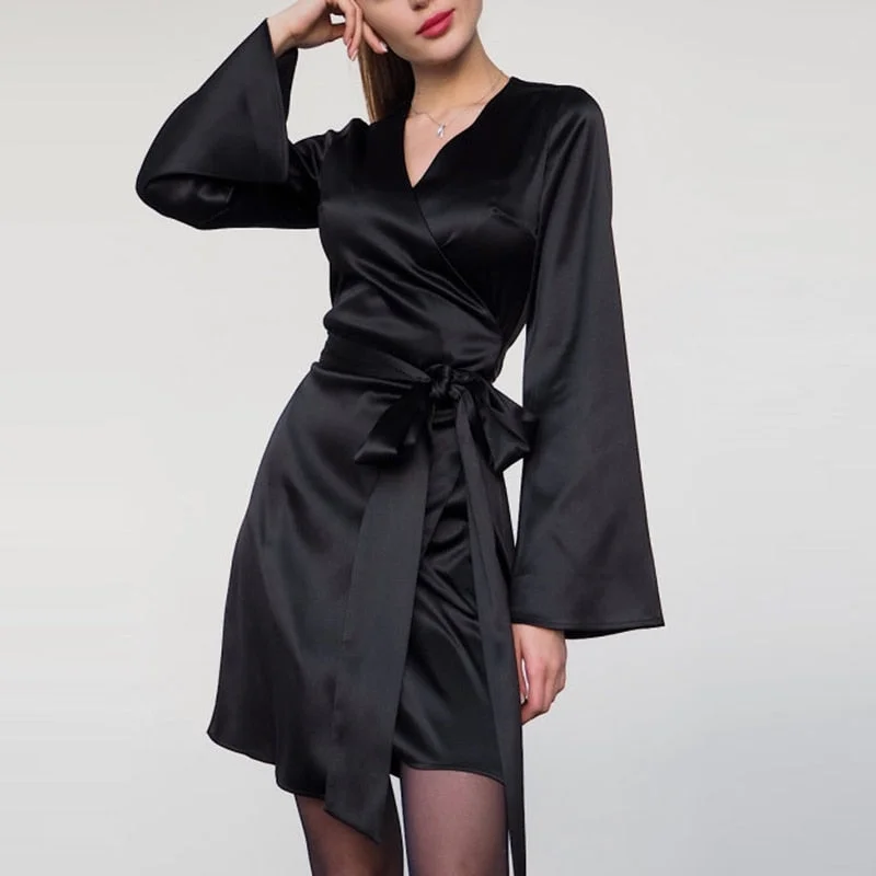 Churses Sexy V-Neck Belt Flared Sleeves Mini Dress Autumn High Waist Elegant Party Night Club A-Line Dresses For Women 2023