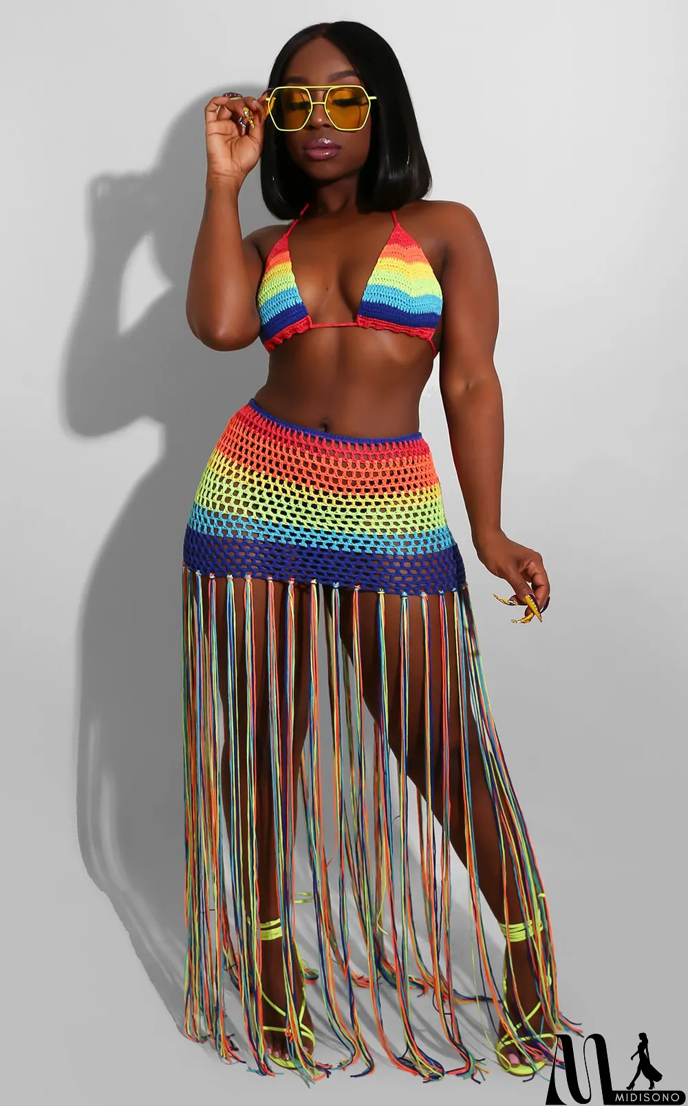 MidiSono - Sexy Crochet Tassel Cutout Skirt Two Piece Set