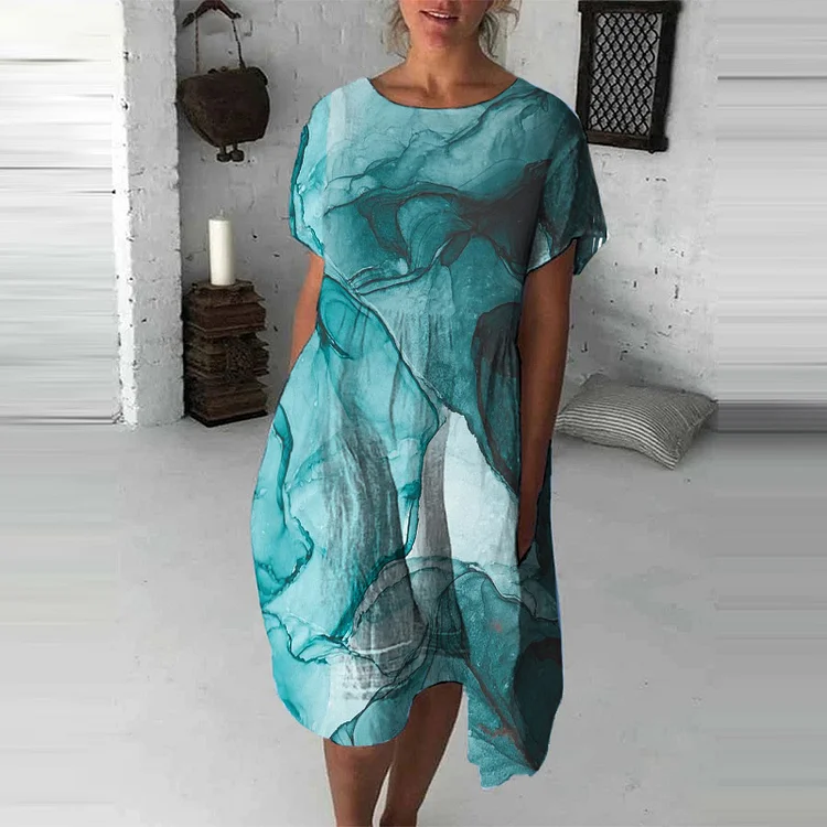 Casual Abstract Print Short Sleeve Midi Dress