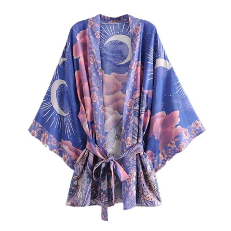 Bohemian Women Blue Space Moon Flower Print Kimono Shirt Holiday Beach Tide Bow Sashes Mid Long Cardigan Blouse BOHO Tops