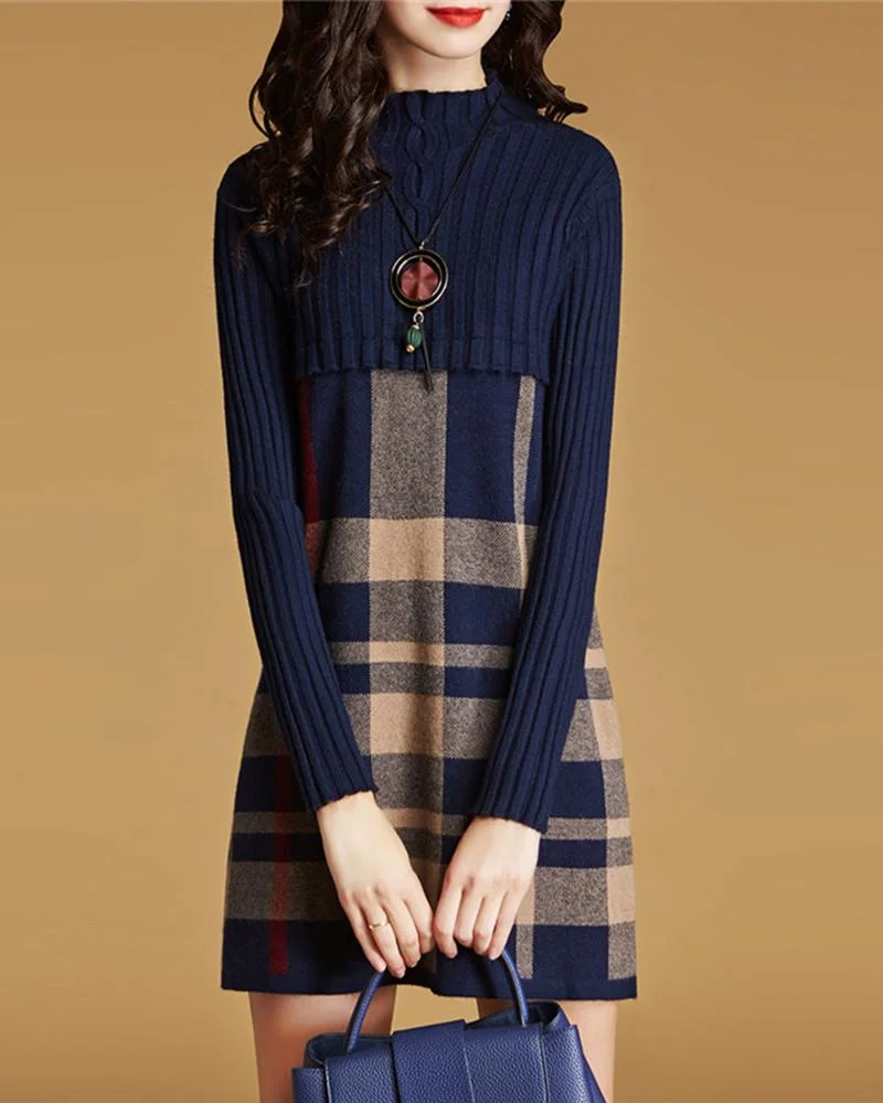 Half Turtleneck Plaid Sweater Dress