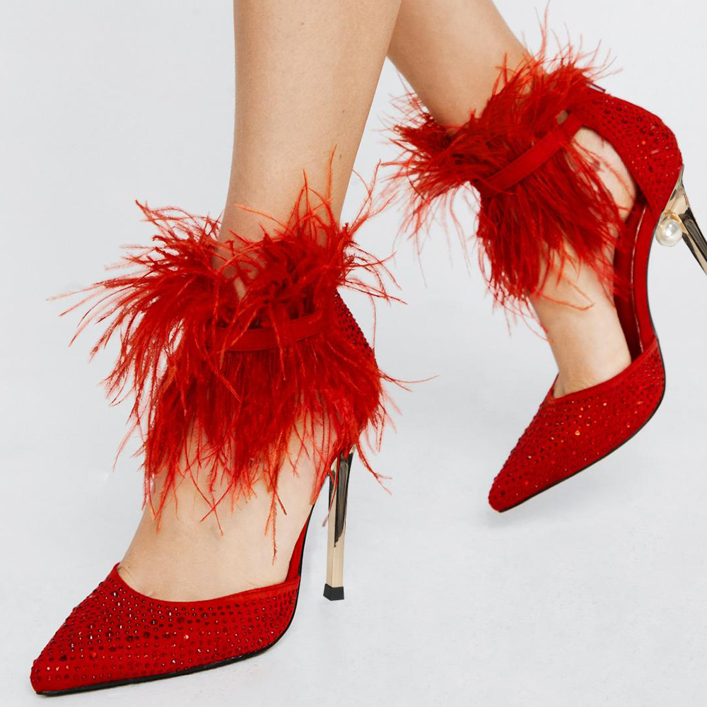 Red  Pumps Rhiestone Fur Decor Stiletto Heels Nicepairs