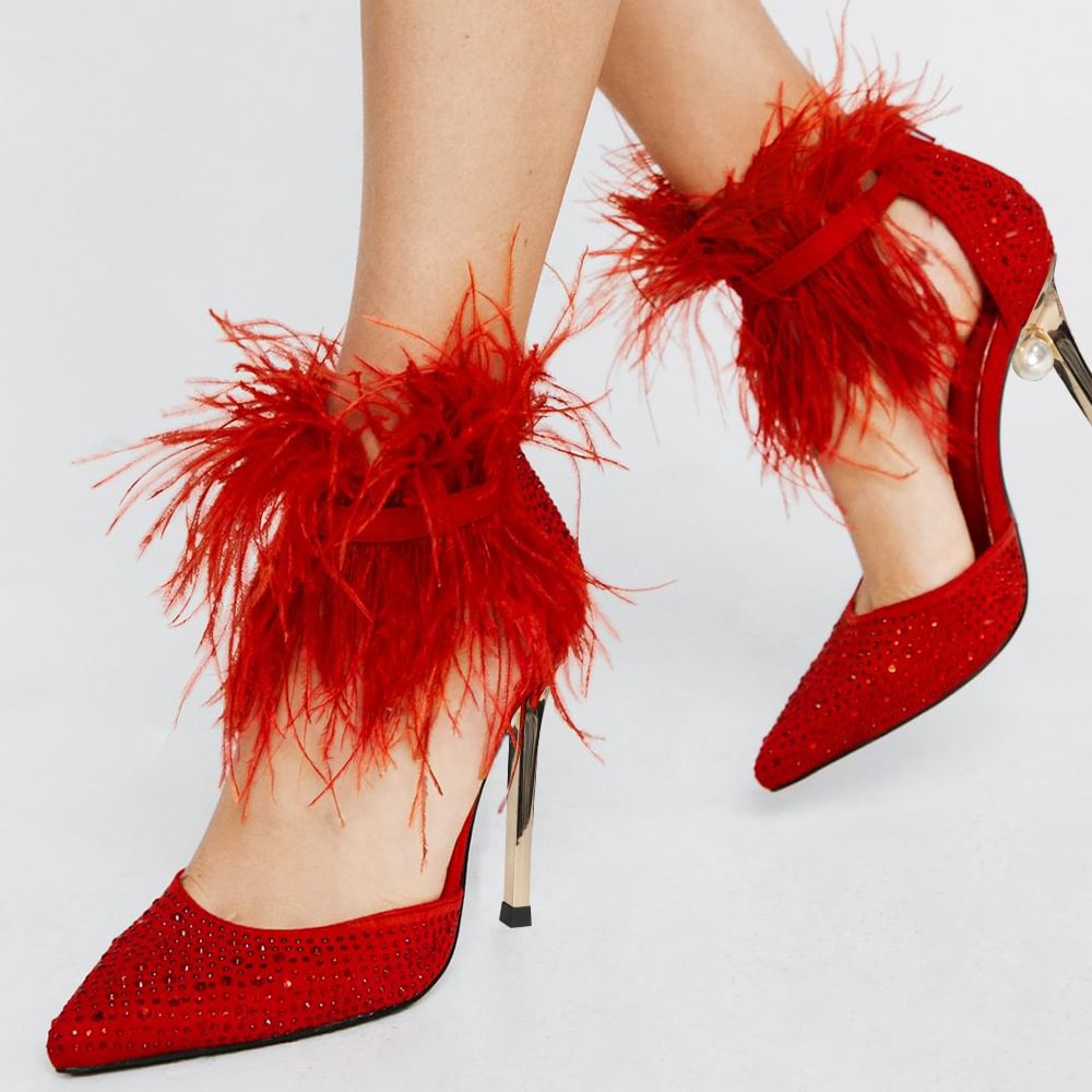 Red Leather Pumps Rhiestone Fur Decor Stiletto Heels Nicepairs